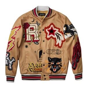 Reason Varsity Jacket Men’s XL Khaki Poly Wool One of a Kind Patches Letterman